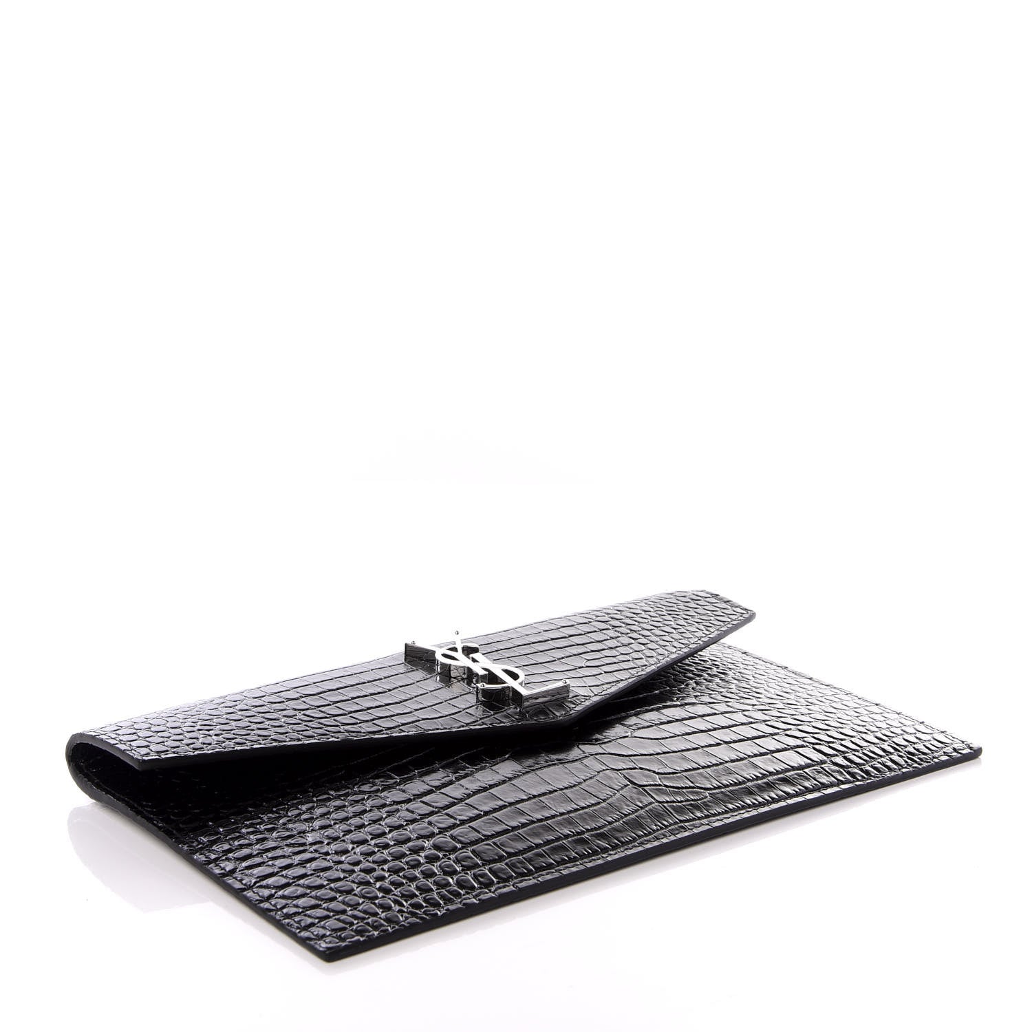 Saint Laurent Calfskin Crocodile Embossed Uptown Monogram Clutch Black 3 of 7