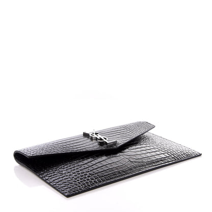 Saint Laurent Calfskin Crocodile Embossed Uptown Monogram Clutch Black 3 of 7