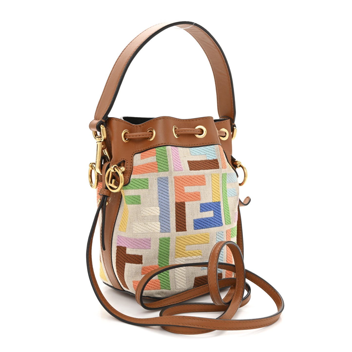 Kuban Canvas Vitello King F is Fendi FF Embroidered Mini Mon Tresor Bucket Bag Multicolor Cuoio