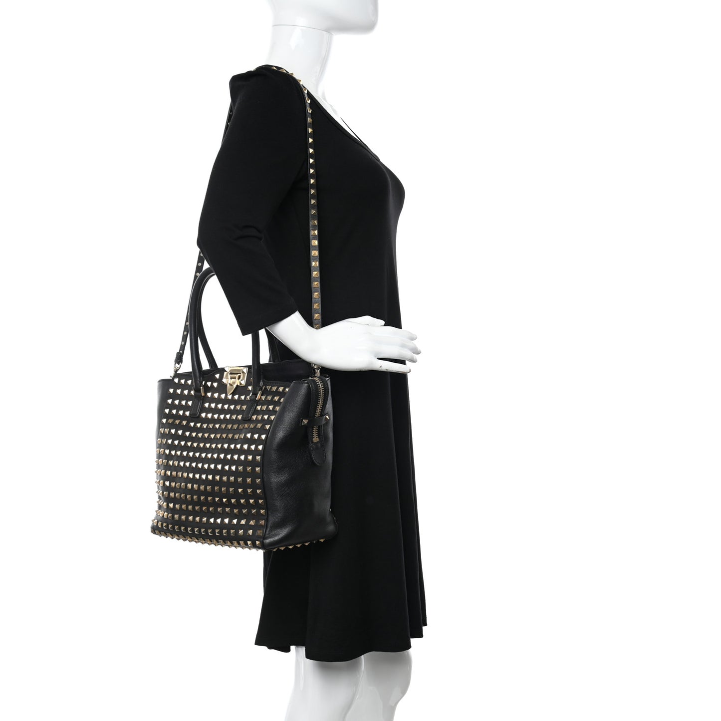 Calfskin Small Rockstud All Over Double Handle Tote Black