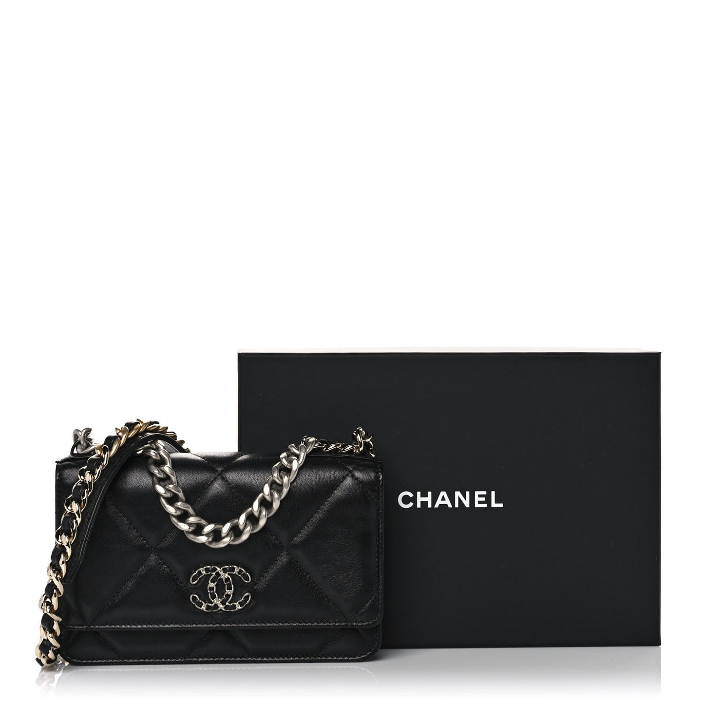 Lambskin Quilted Chanel 19 Wallet On Chain WOC Black