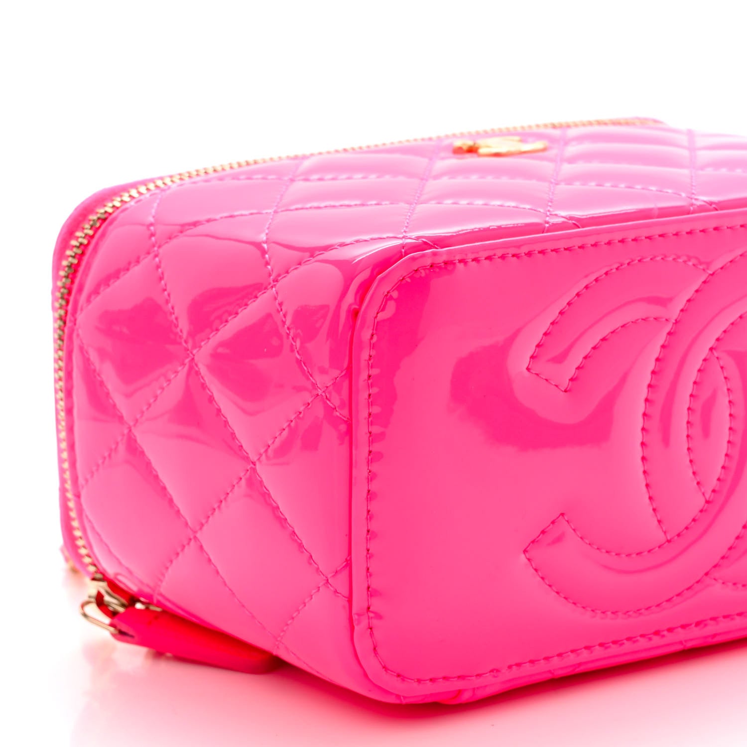 Chanel Patent Quilted Pearl Crush Small Vanity Case With Chain Neon Pink 9 of 12
