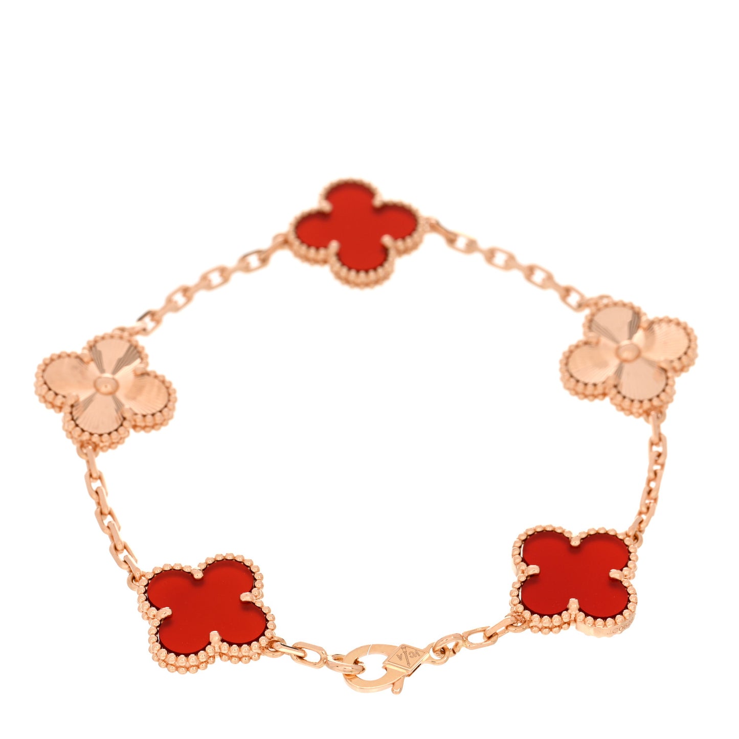 18K Rose Gold Carnelian 5 Motifs Guilloche Vintage Alhambra Bracelet