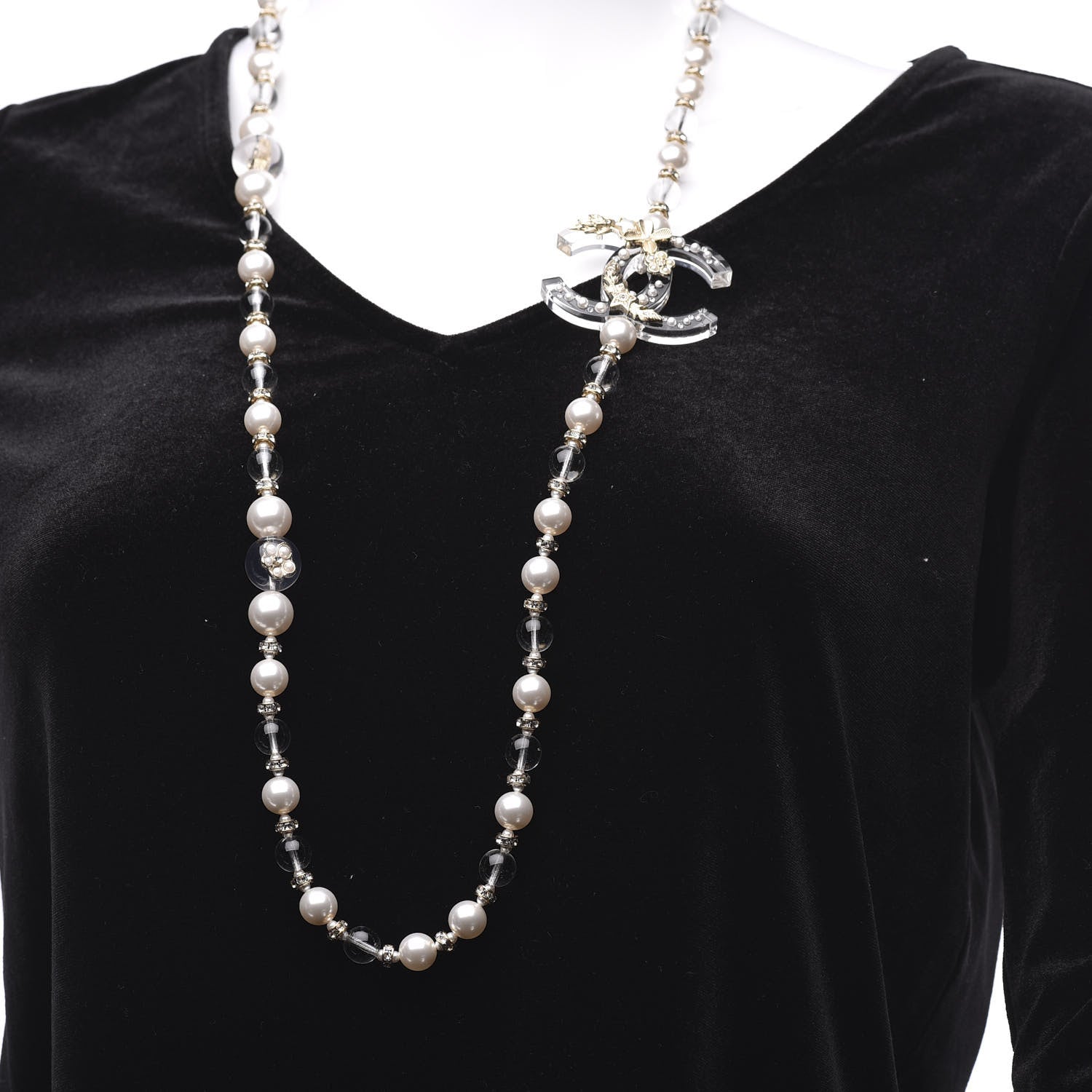 Chanel Resin Pearl Crystal CC Long Necklace Transparent Gold 2 of 6