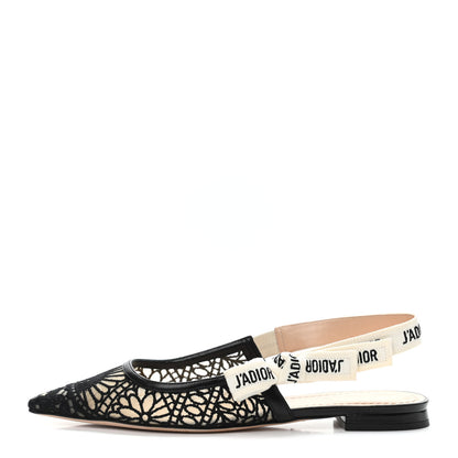 Christian Dior Fabric Ribbon Lace Embroidered J'Adior Slingback Flats 37.5 Black 1 of 4