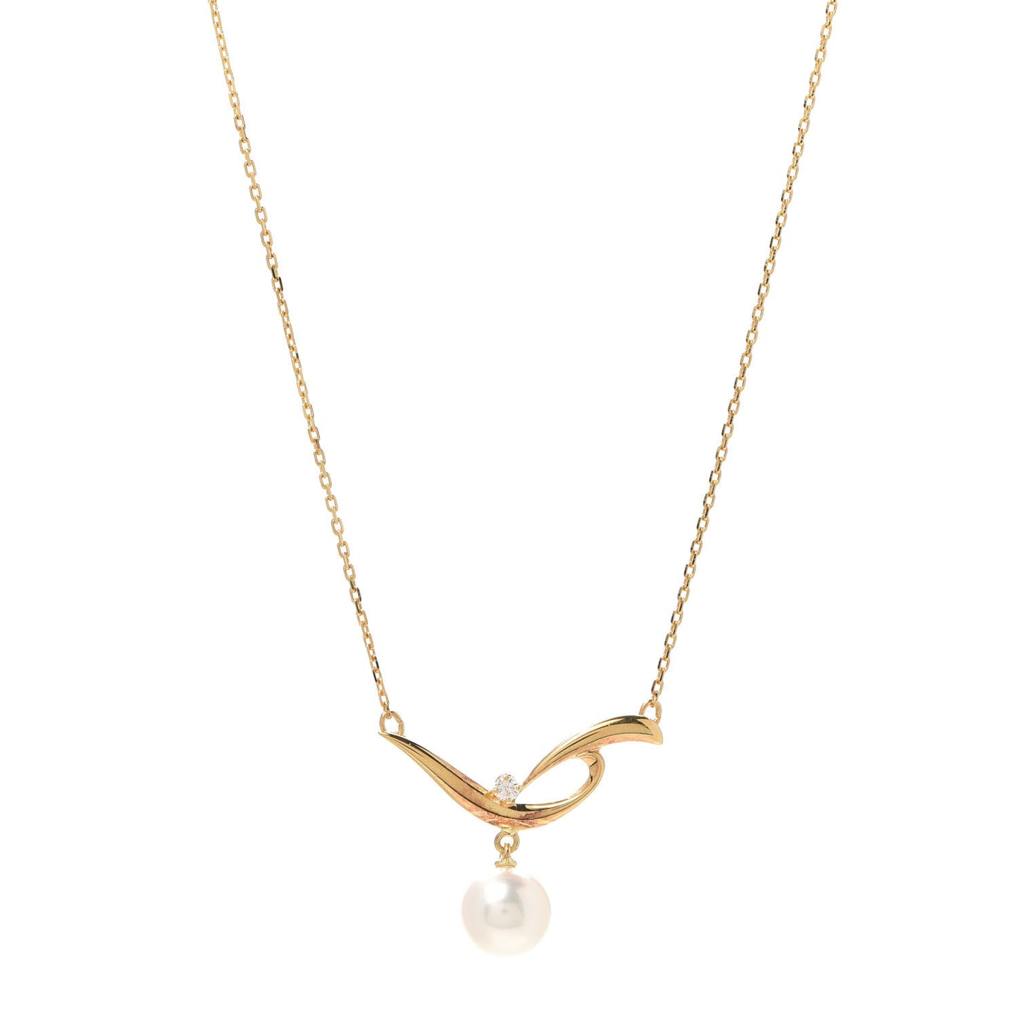 18K Yellow Gold Diamond Akoya Pearl 7mm Swirl Pendant Necklace