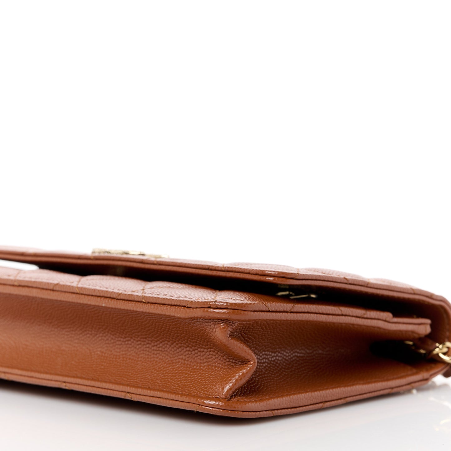 Shiny Caviar Quilted Strass Wallet On Chain WOC Light Brown
