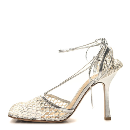 Bottega Veneta Mesh Metallic Nappa Stretch Ankle Tie Sandals 41 Silver 1 of 7
