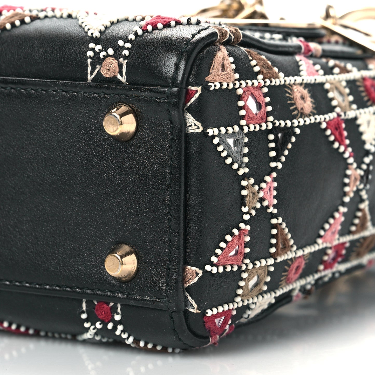 Calfskin Cannage Embroidered Beaded Mini Lady Dior Black Multicolor