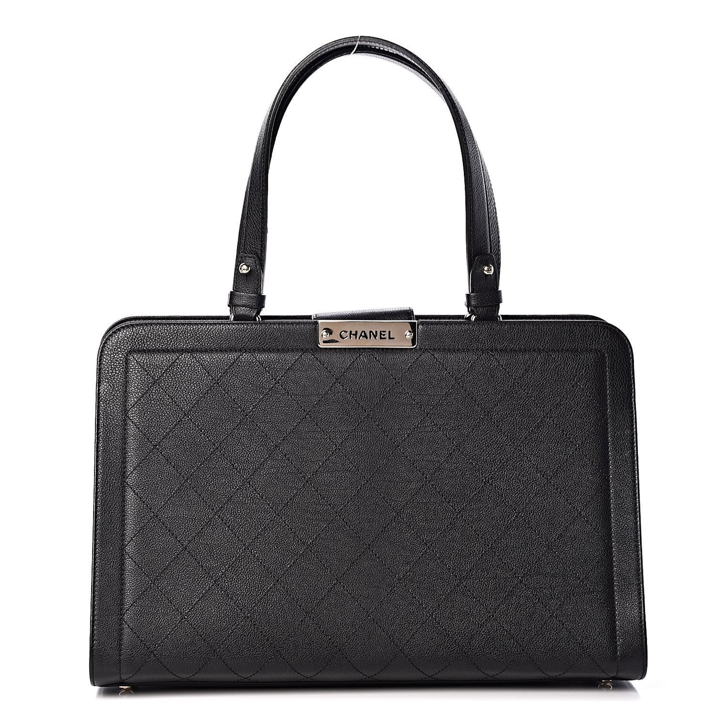Grained Calfskin Stitched Large Label Click Shopper Tote Black