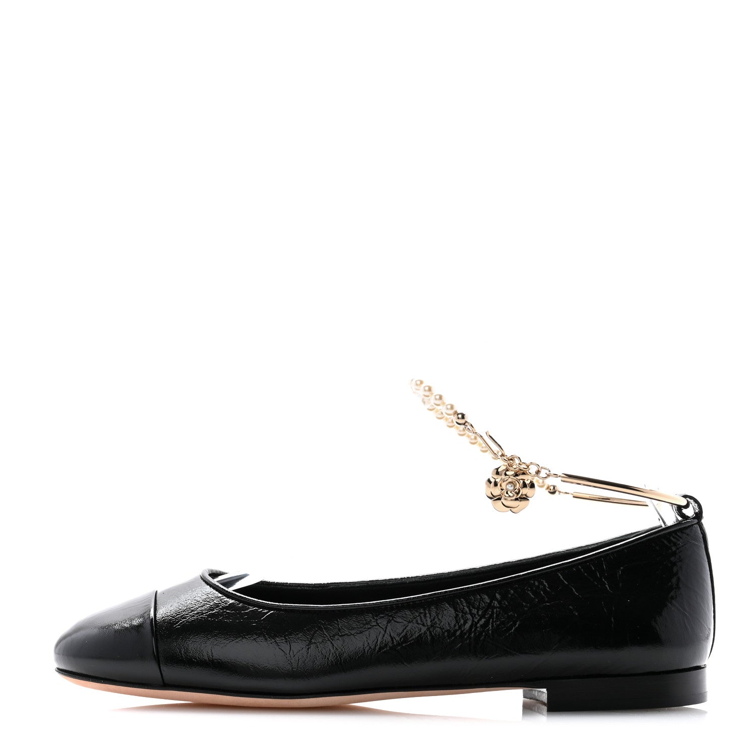 Chanel Lambskin Patent Calfskin Cap Toe Ankle Chain Ballerina Flats 38 Black 1 of 10
