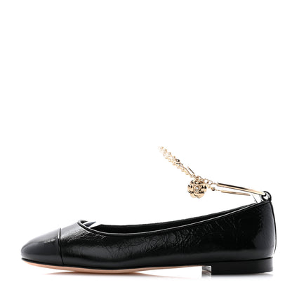 Chanel Lambskin Patent Calfskin Cap Toe Ankle Chain Ballerina Flats 38 Black 1 of 10