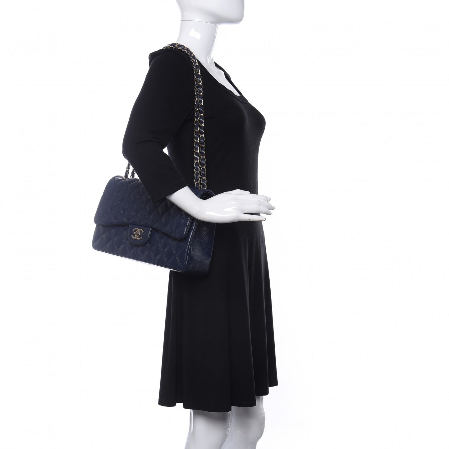 Caviar Quilted Jumbo Double Flap Navy Blue