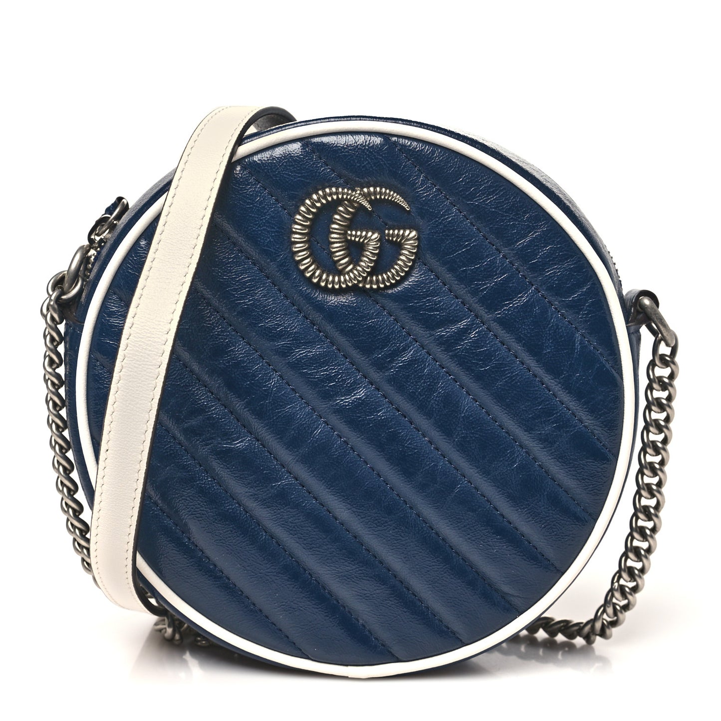 Azalea Calfskin Matelasse Diagonal Mini Torchon GG Marmont Round Shoulder Bag Blue Agata Mystic White
