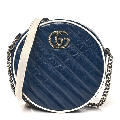 Gucci Azalea Calfskin Matelasse Diagonal Mini Torchon GG Marmont Round Shoulder Bag Blue Agata Mystic White 1 of 9