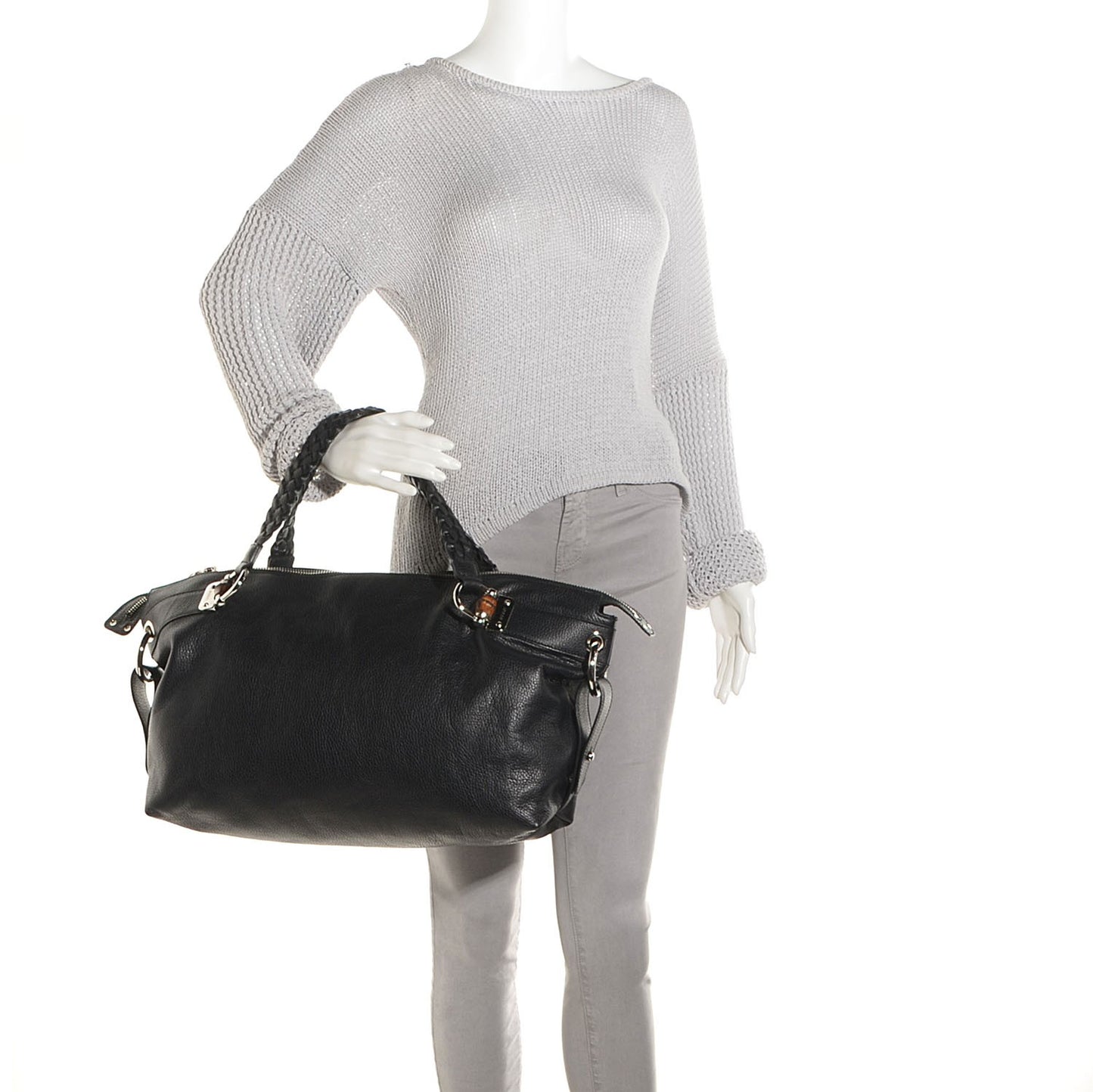 Leather Medium Bamboo Bar Tassel Shoulder Bag Black