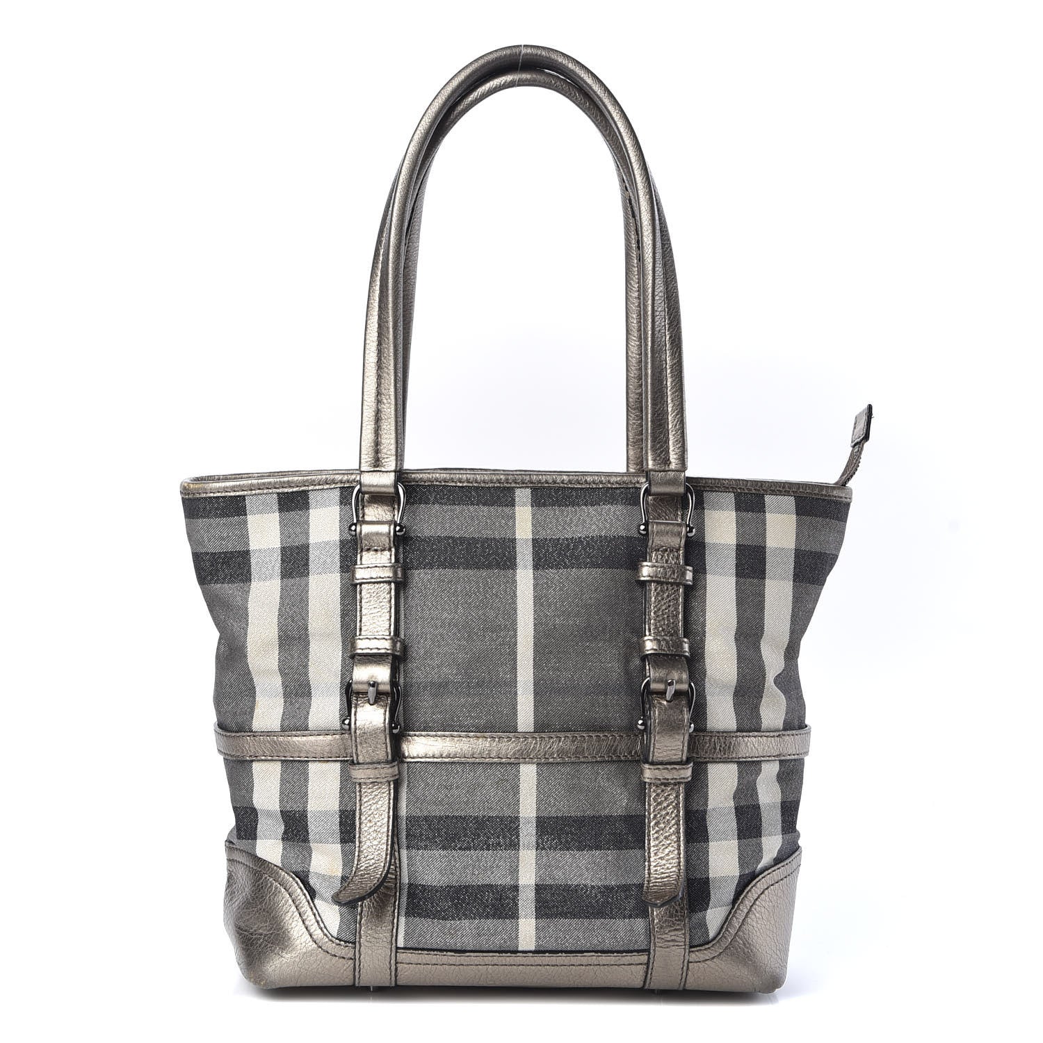 Burberry Metallic Calfskin House Check Tote Pewter 1 of 9