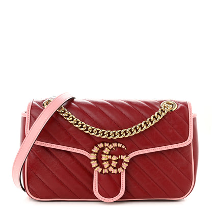 Gucci Azalea Calfskin Enamel Matelasse Diagonal Small Torchon GG Marmont Shoulder Bag New Cherry Red Wild Rose 1 of 9