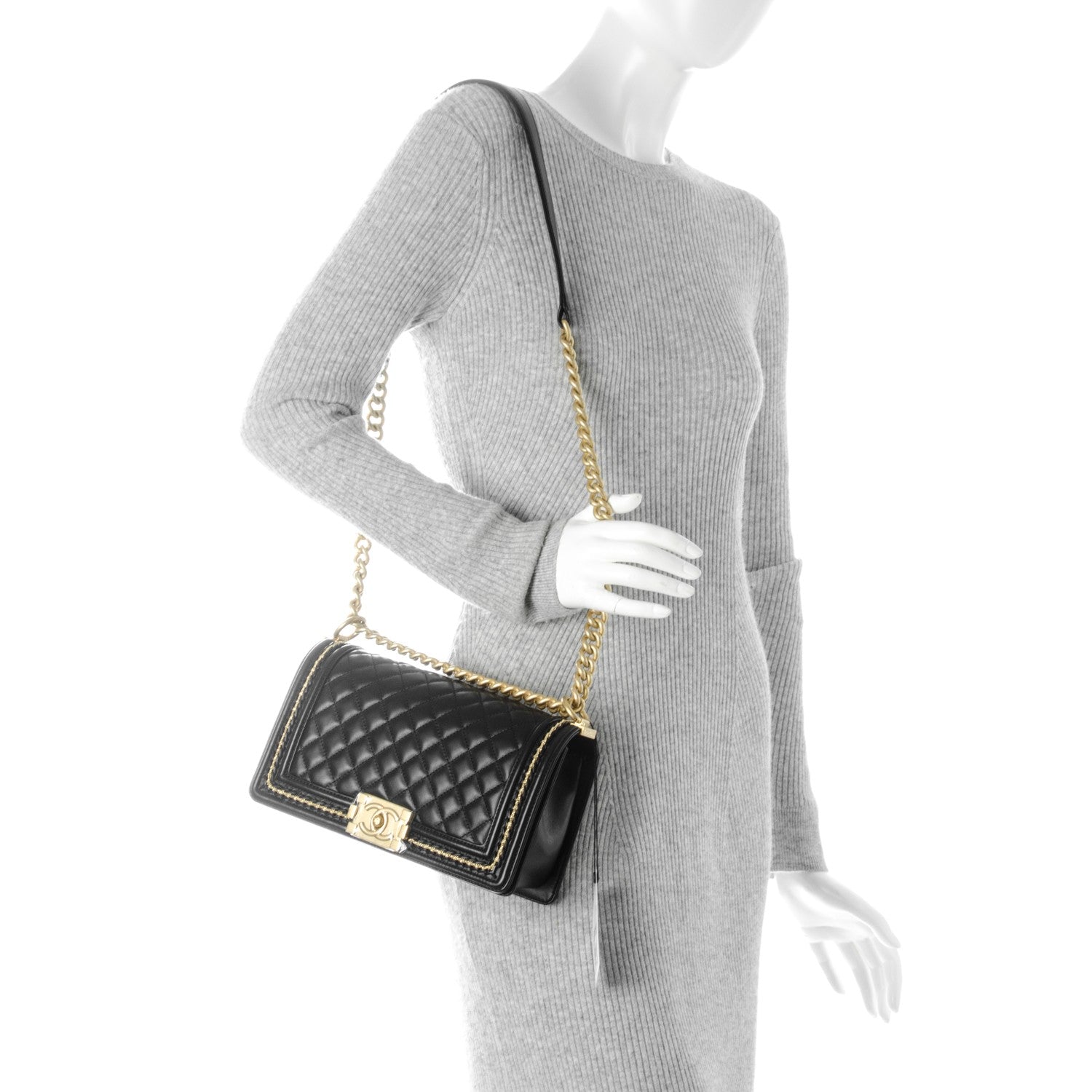 Chanel Lambskin Quilted Medium Chain Detail Boy Flap Black 2 of 7