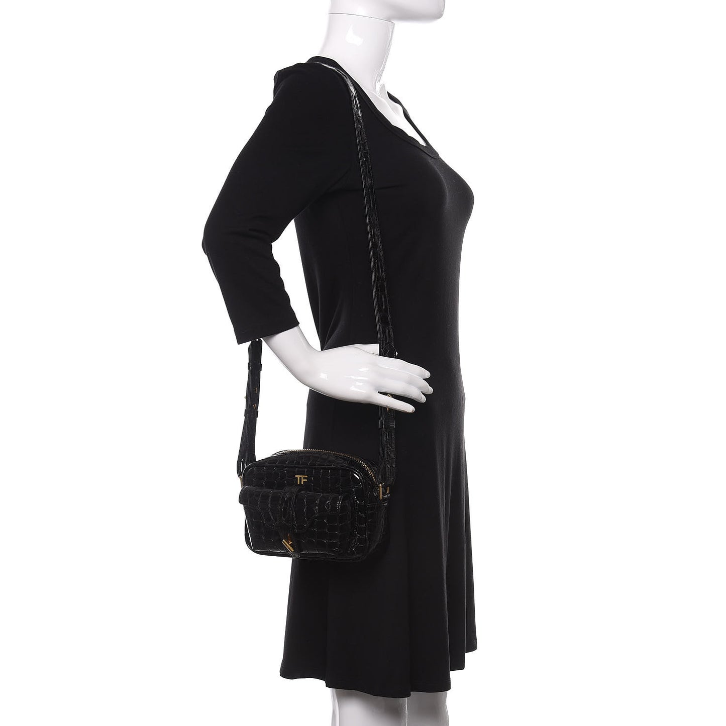 Crocodile Embossed Calfskin T Twist Camera Bag Black