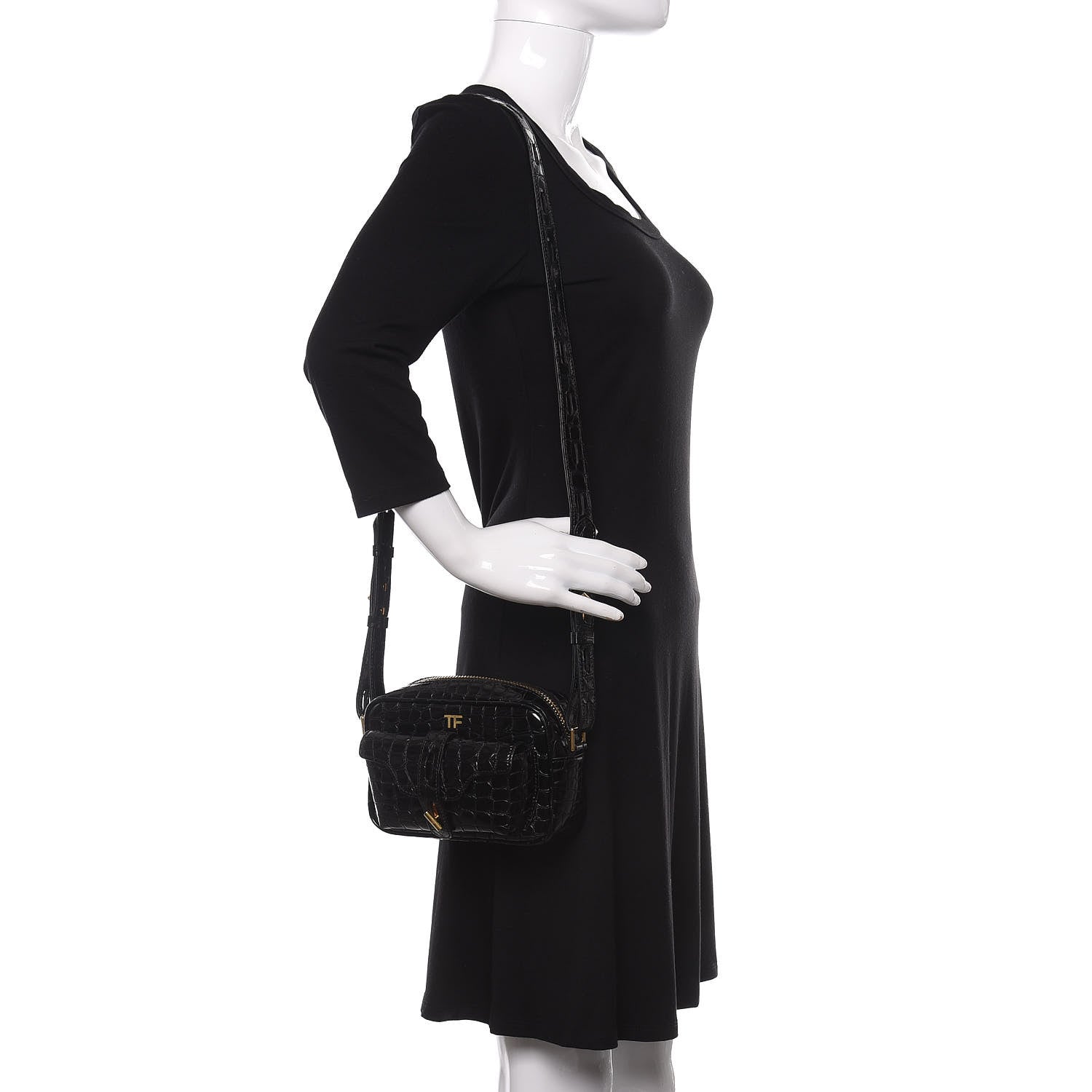 Tom Ford Crocodile Embossed Calfskin T Twist Camera Bag Black 2 of 8