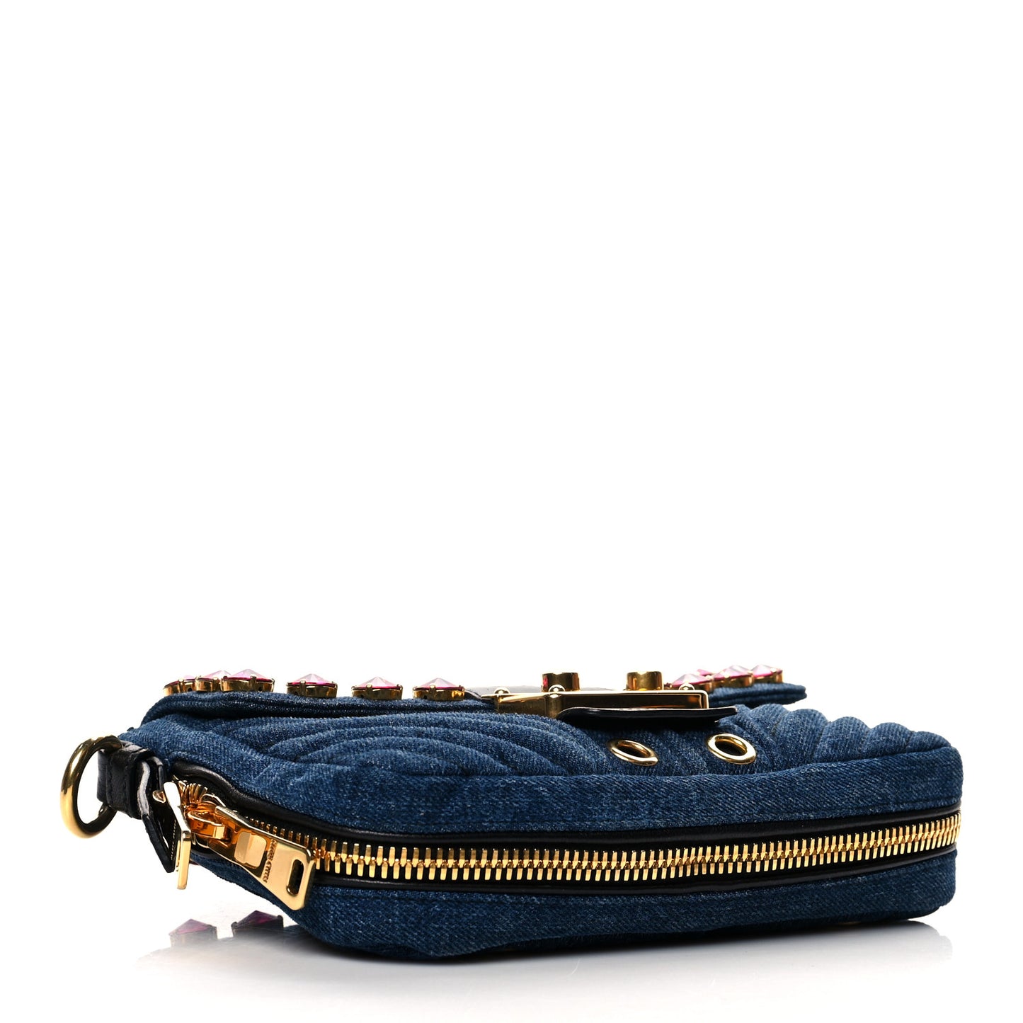 Denim Crystal Embellished Grommet Biker Shoulder Bag Blue Black
