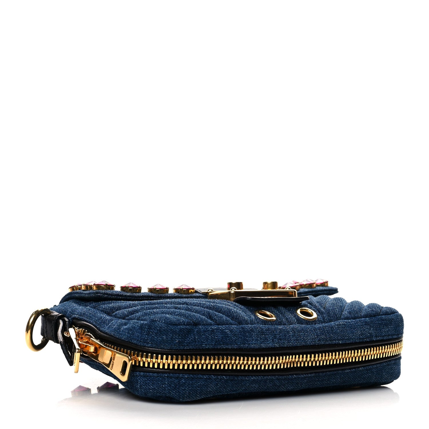 Miu Miu Denim Crystal Embellished Grommet Biker Shoulder Bag Blue Black 3 of 10
