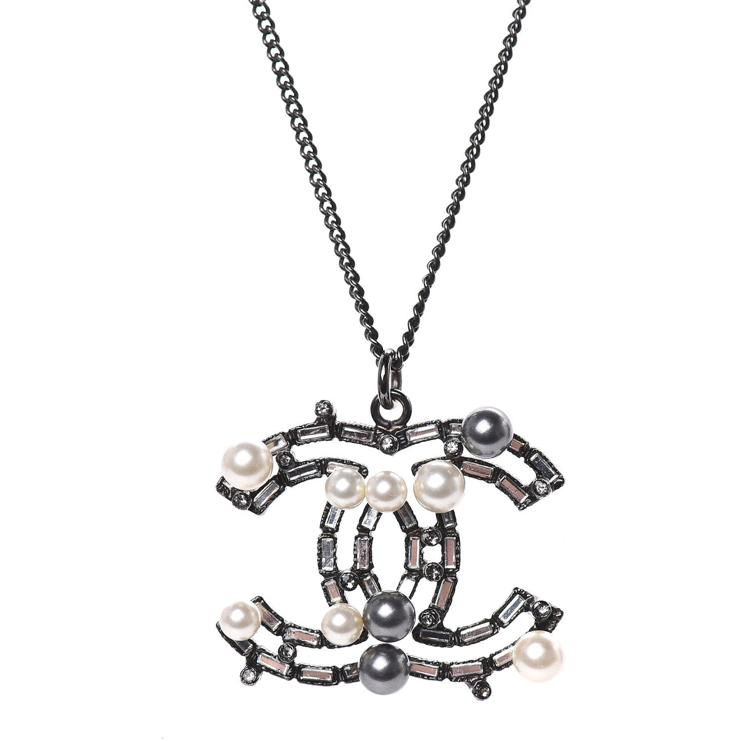 Baguette Pearl Bead CC Necklace Black