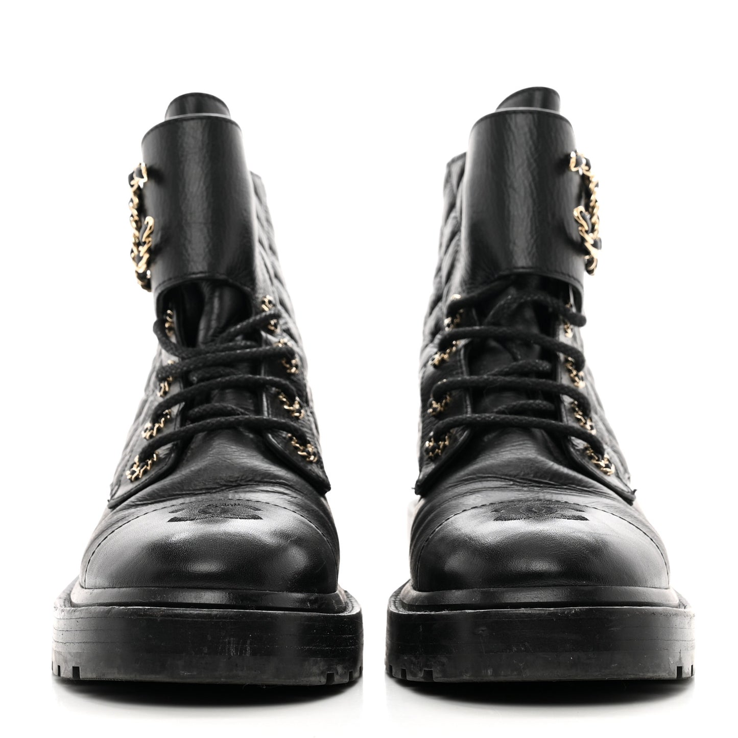 Shiny Calfskin Quilted Lace Up Combat Boots 37.5 Black