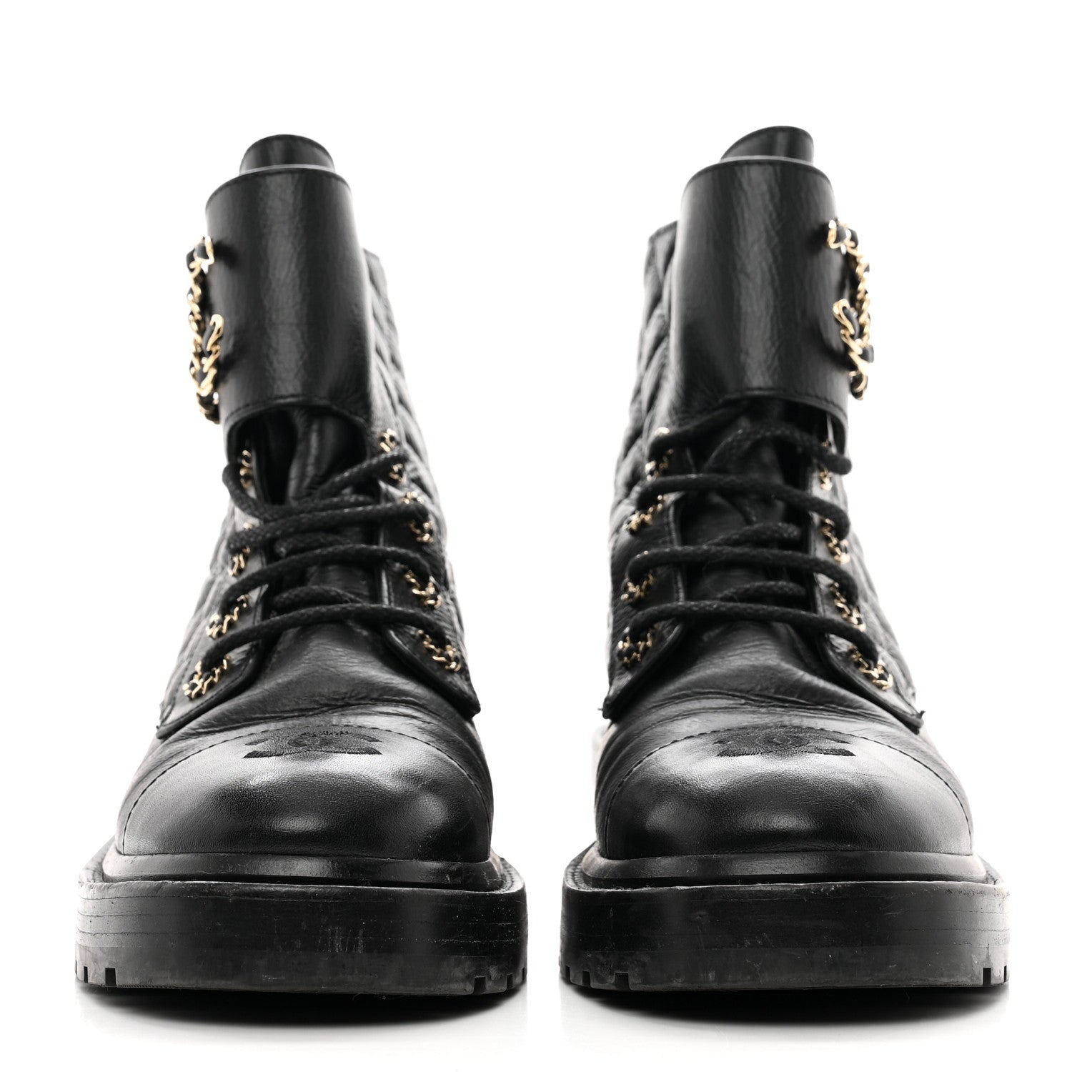 Chanel Shiny Calfskin Quilted Lace Up Combat Boots 37.5 Black 2 of 9