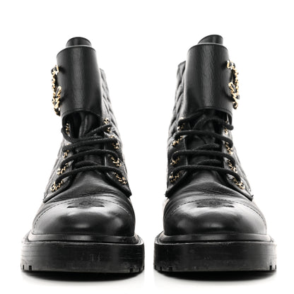 Chanel Shiny Calfskin Quilted Lace Up Combat Boots 37.5 Black 2 of 9