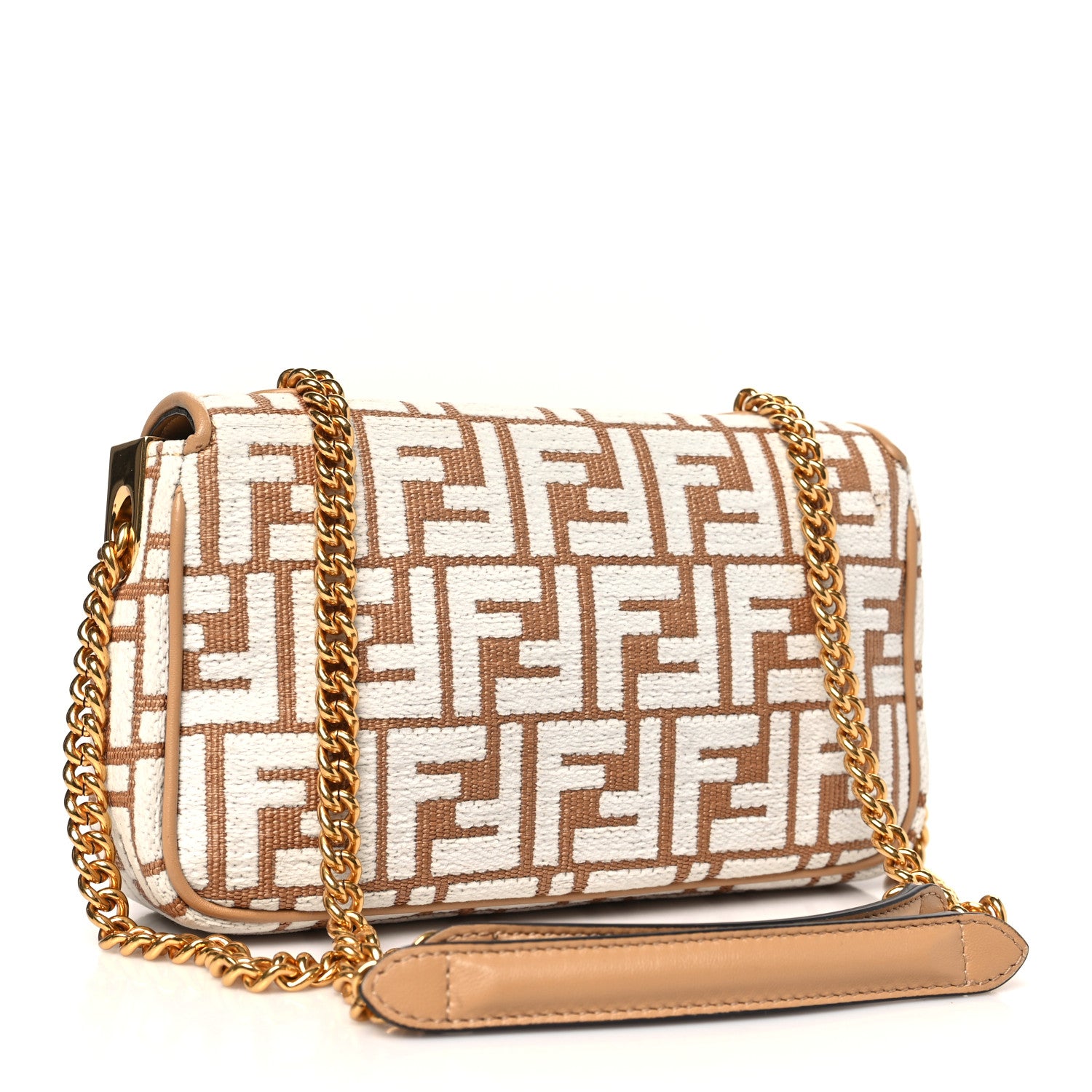 Fendi Raffia Chenille Vitello FF Midi Chain Baguette Naturale White 3 of 10