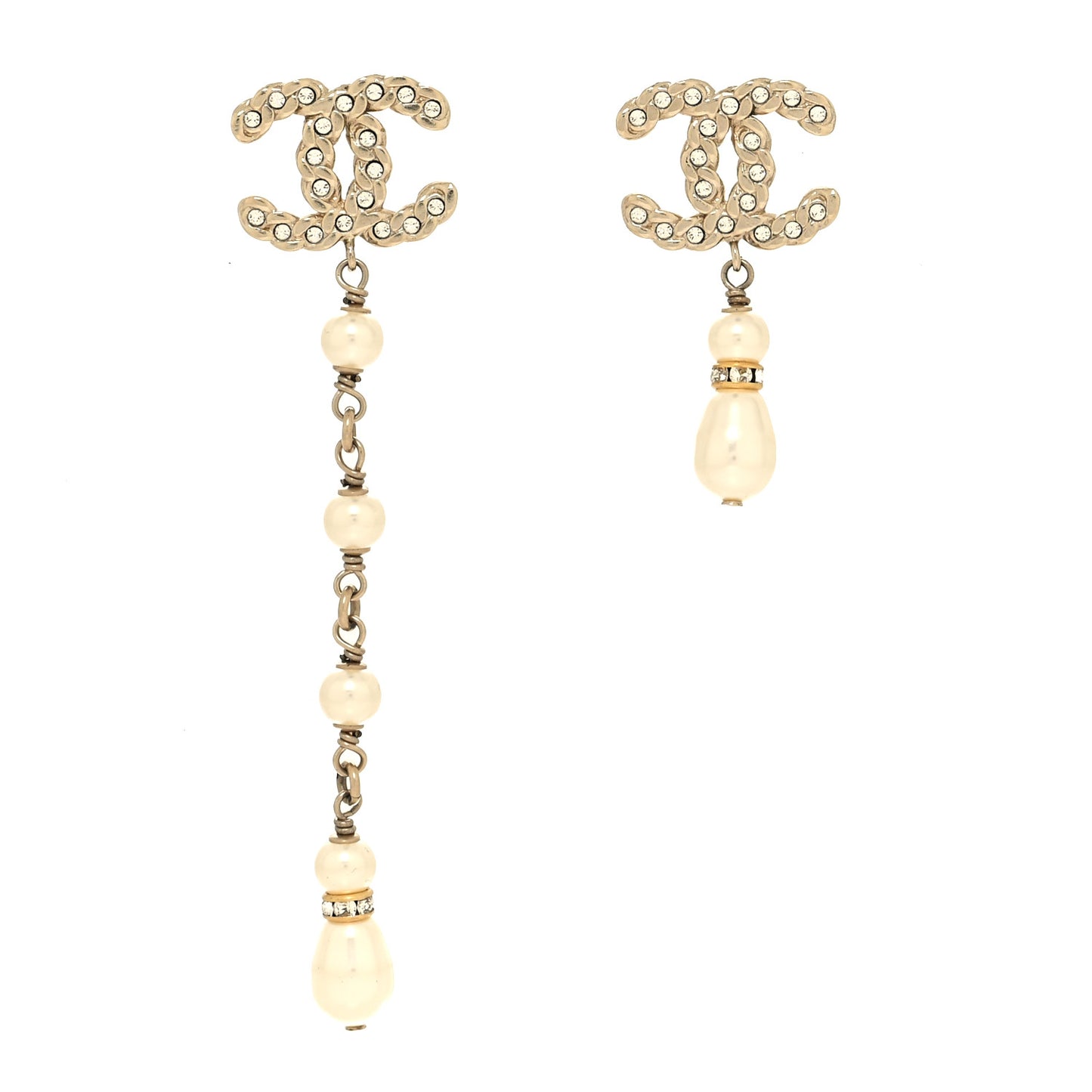 Pearl Crystal CC Uneven Drop Earrings Gold
