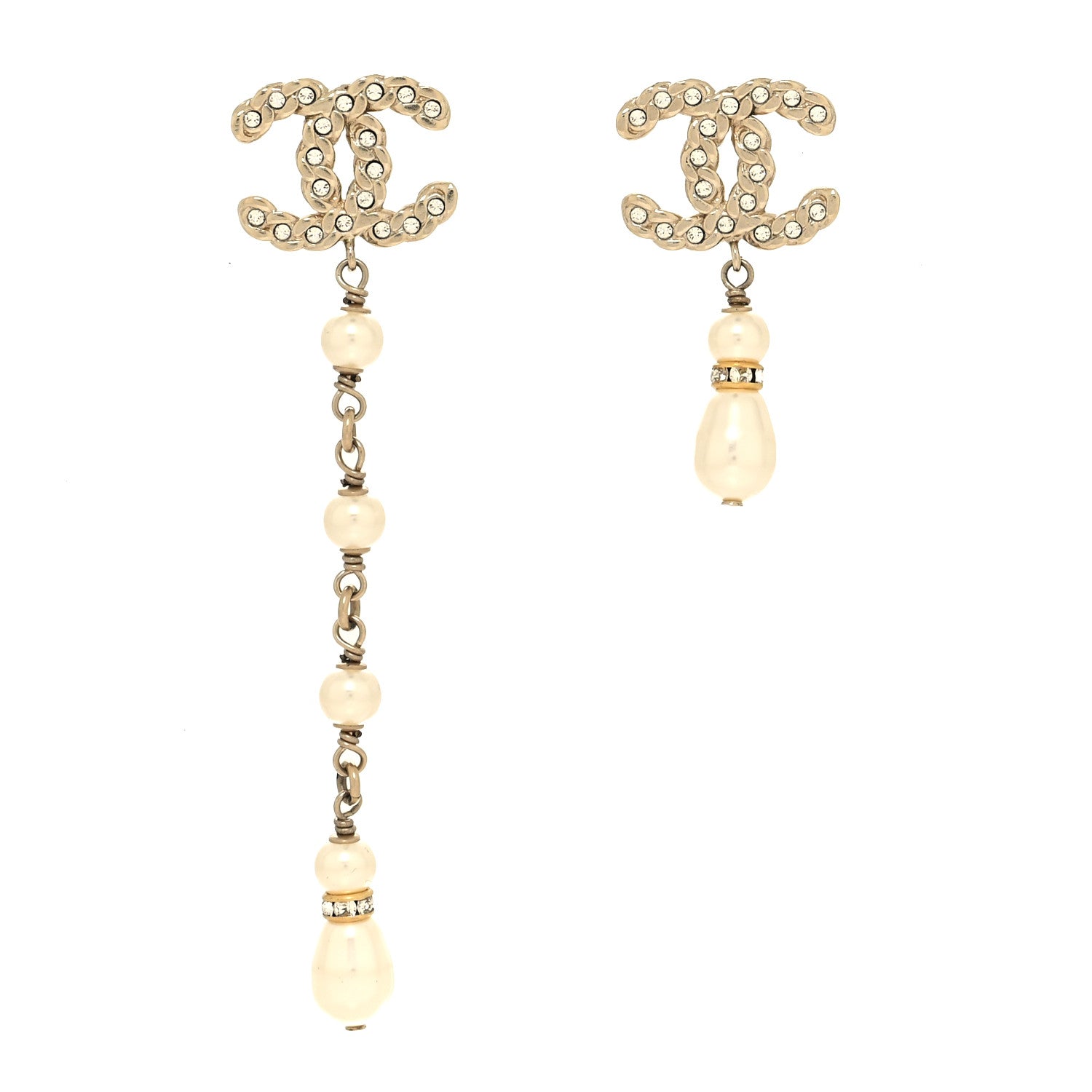 Chanel Pearl Crystal CC Uneven Drop Earrings Gold 1 of 4
