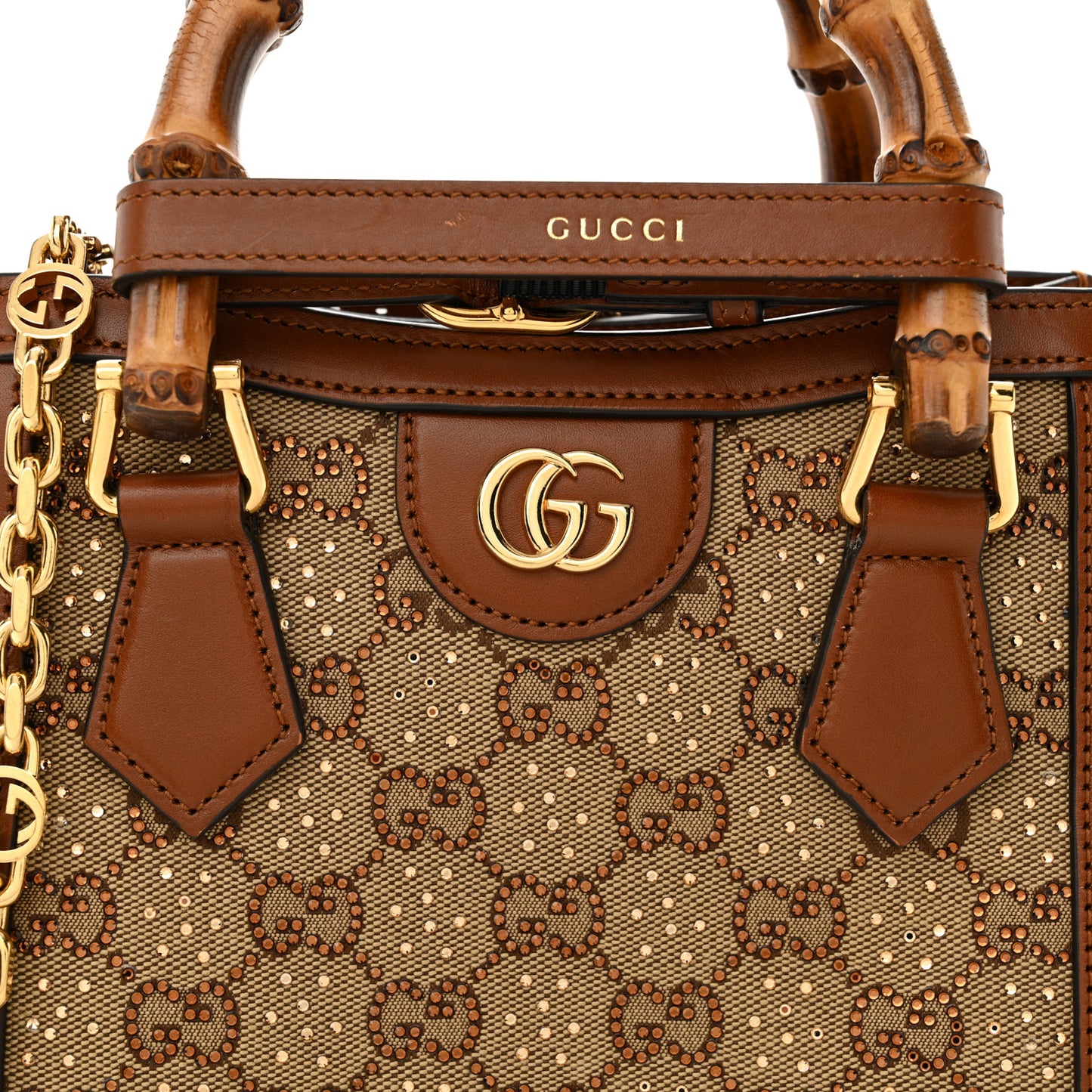 New Canvas Charisma Calfskin Crystal GG Monogram Mini Diana Tote Bag Camel Ebony
