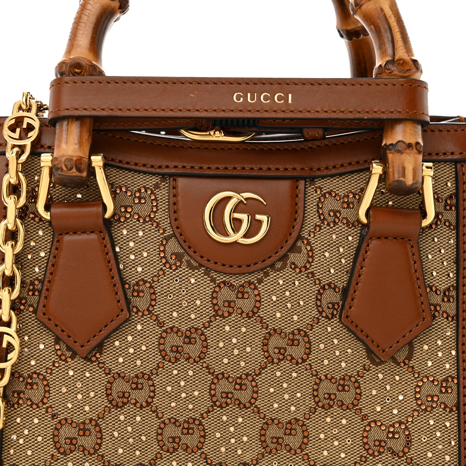 Gucci New Canvas Charisma Calfskin Crystal GG Monogram Mini Diana Tote Bag Camel Ebony 8 of 11