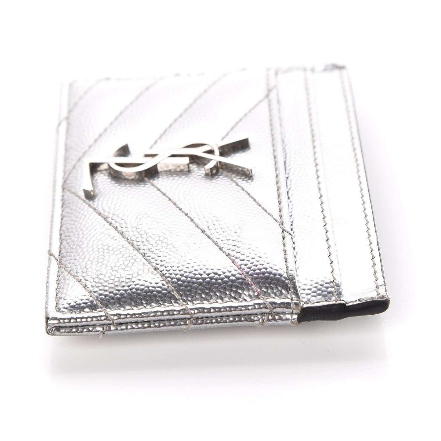 Metallic Grain De Poudre Matelasse Chevron Monogram Credit Card Case Argento