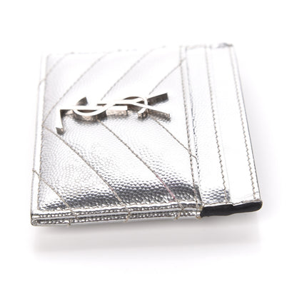 Saint Laurent Metallic Grain De Poudre Matelasse Chevron Monogram Credit Card Case Argento 11 of 12