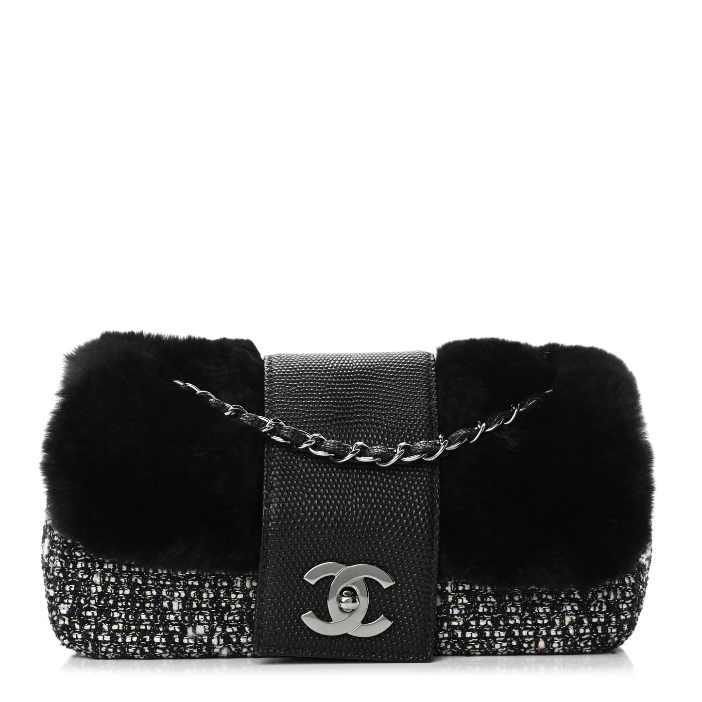 Rabbit Fur Tweed Lizard Small Fantasy Flap Black White