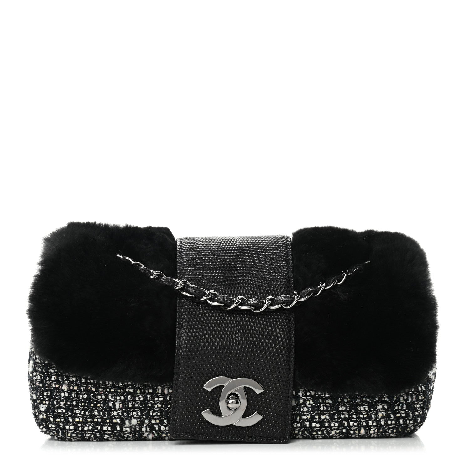 Chanel Rabbit Fur Tweed Lizard Small Fantasy Flap Black White 1 of 9