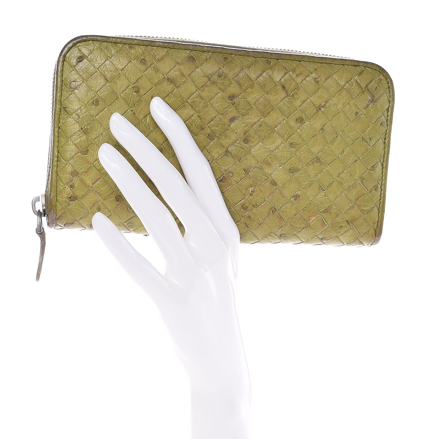 Bottega Veneta Ostrich Intrecciato Zip Around Wallet Green 2 of 12