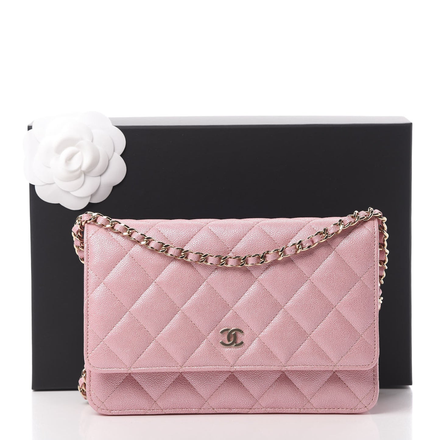 Iridescent Caviar Quilted Wallet on Chain WOC Rose Pink