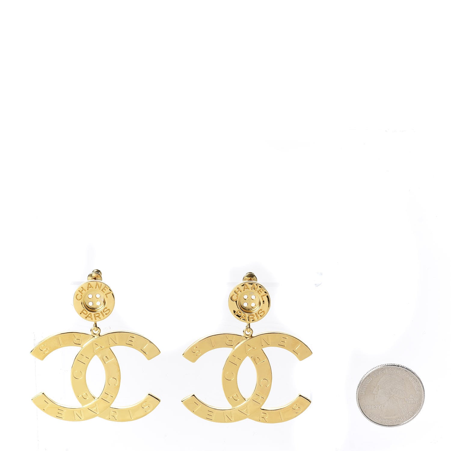 Chanel Metal Large Paris Button Earrings Gold 2 of 6