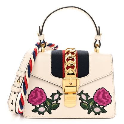 Gucci Calfskin Embroidered Mini Sylvie Top Handle Bag White 1 of 11