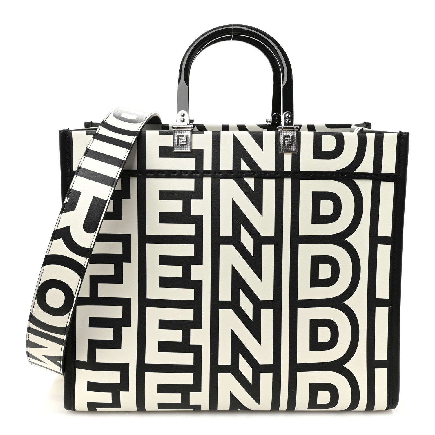 Fendi X MARC JACOBS Vitello King Logo Print Medium Fendi Sunshine Shopper Tote Black White 1 of 11