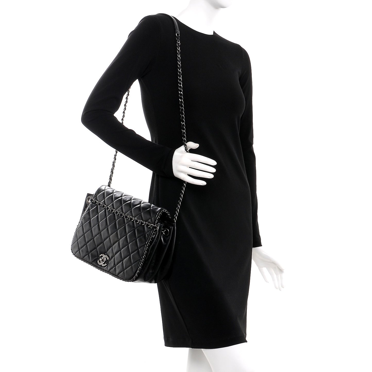 Calfskin Quilted Large CC Enchained Accordion Flap Black