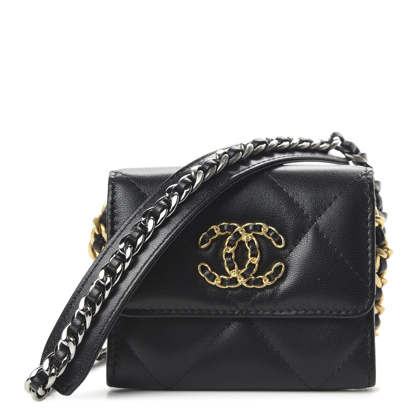 Shiny Goatskin Quilted 19 Flap Coin Purse With Chain Black