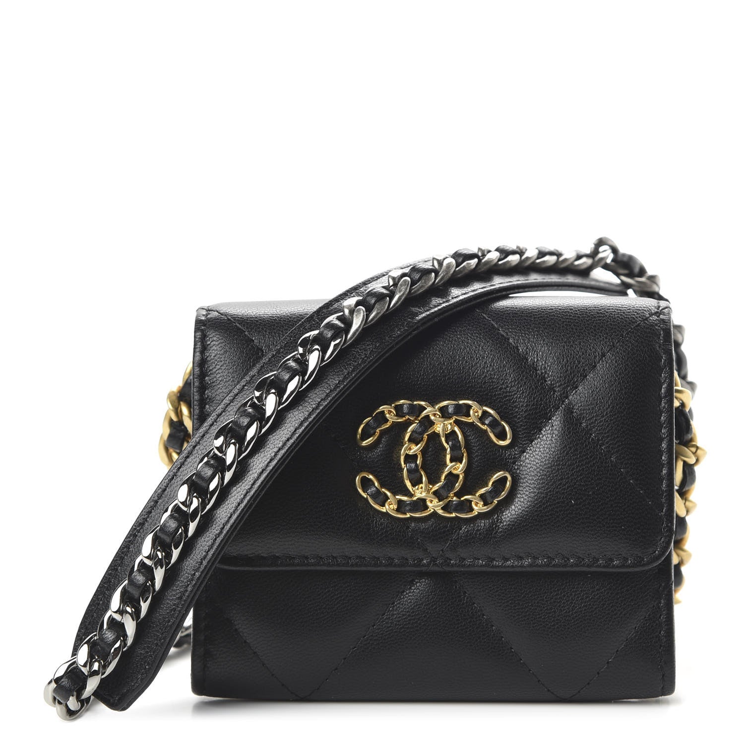 Chanel Shiny Goatskin Quilted 19 Flap Coin Purse With Chain Black 1 of 11