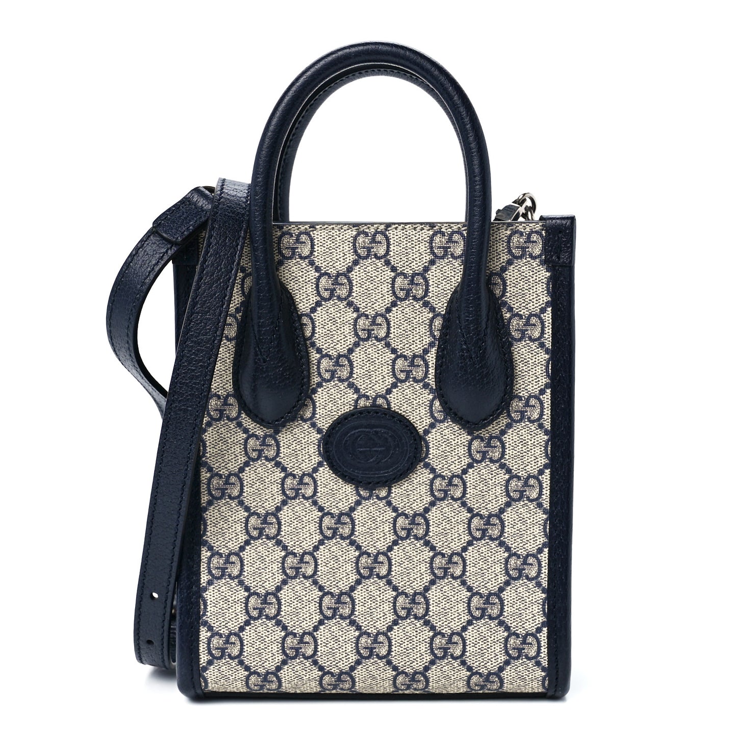 GG Supreme Monogram Textured Dollar Calfskin Mini Retro Interlocking G Tote Bag Beige Blue