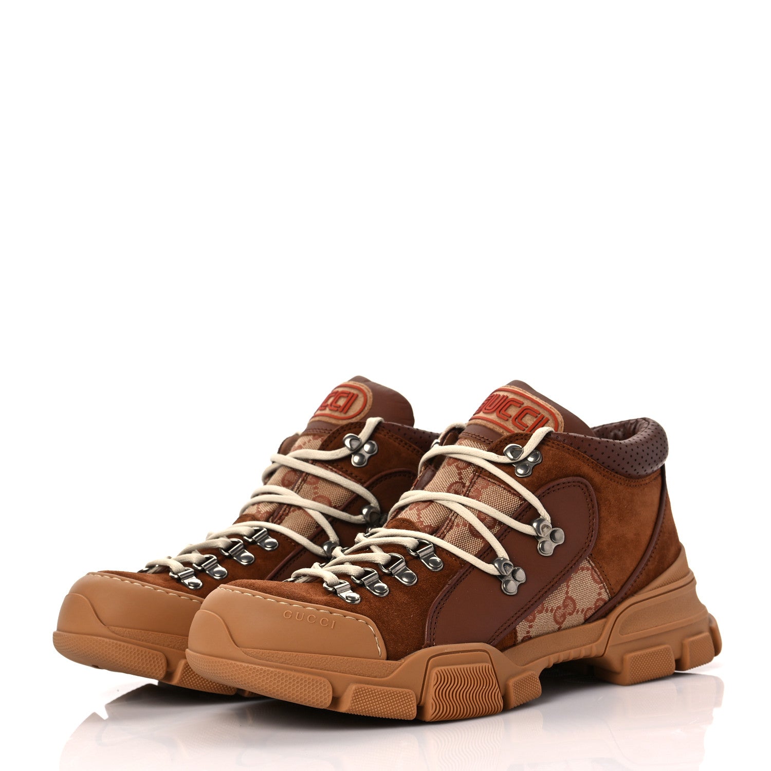Gucci X SEGA Suede Calfskin GG Monogram Mens Flashtrek Sneakers 8.5 New Cuir Beige Ruggine 3 of 8